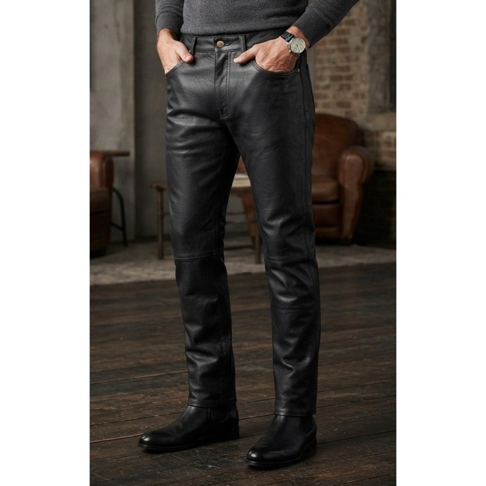 Mega Force Genuine Leather Biker Pants Men's 30 5-Pocket Black Straight Moto
